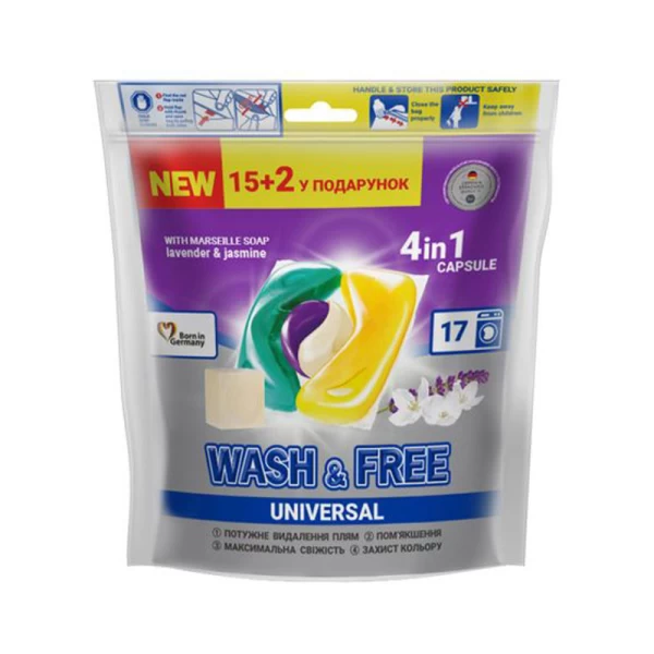 Wash&Free Detergent capsule Iasomie si lavanda cu sapun de Marsilia 17 buc - image 1