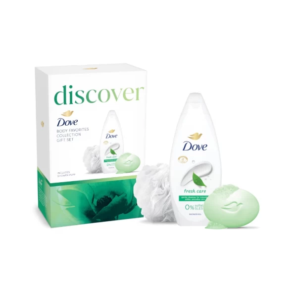 Подарочный набор 2025 Dove гель для душа Fresh Care, 250мл + мыло-крем Dove Освежающее, 90г + пуховк - image 3