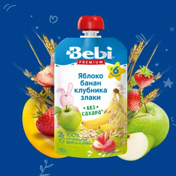 Пюре Bebi Premium яблоко-банан-клубника-злаки 90г с 6 месяцев - image 2