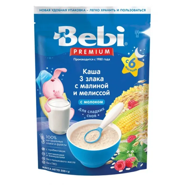 Каша молочная 3 злака Bebi Premium с малиной и мелиссой (6+ мес.), 200 г - image 1