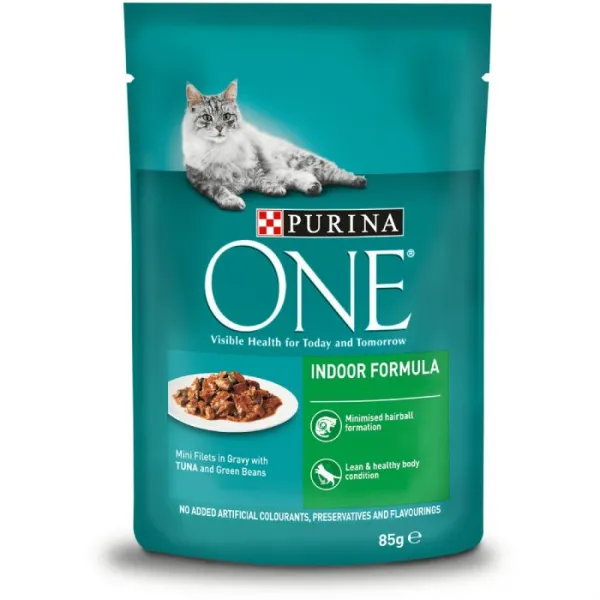 Purina One Indoor Hrana umeda pentru pisici Mini Fileuri cu Ton & Fasole Verde, In Sos, 85g - image 1