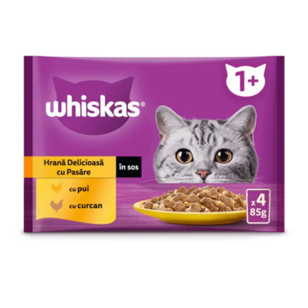 Whiskas Hrana umeda pentru pisici adulte cu carne de pasare in sos PLIC 4x85g - image 1