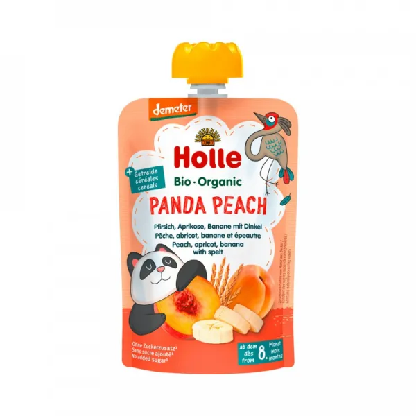 Holle Bio Organic Piure Panda Peach de piersici, caise, banane si griu spelt (8 luni+) 100g - image 1