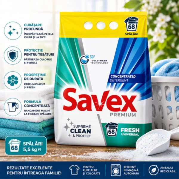 Стиральный порошок со свежим ароматом Savex Premium Fresh 5,5 кг 68 стирок - image 2