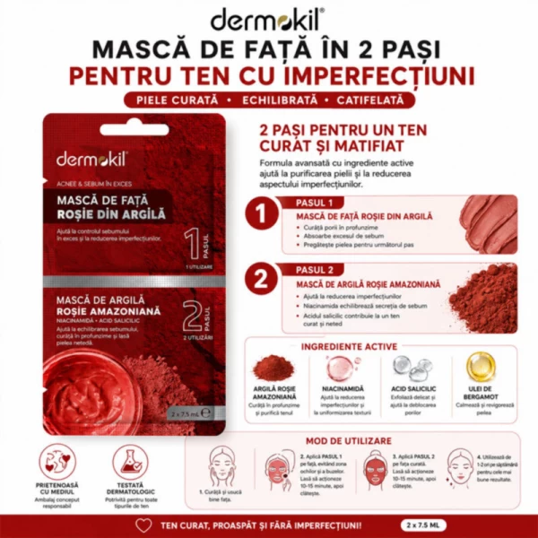 Dermokil Masca cu argila rosie amazoniana anti-acnee si cosuri 2 × 7,5 ml - image 2