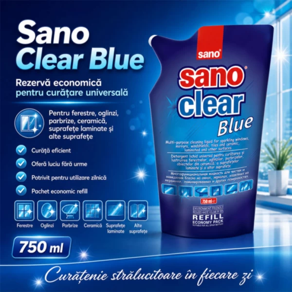 Sano Clear Blue Solutie pentru curatat geamuri 750 ml (rezerva) - image 2