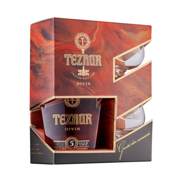 Tezaur Gold Дивин VSOP, 5 года, 500 мл, подарочный набор с 2 стакана - image 3