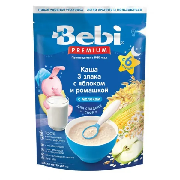 Каша молочная 3 злака Bebi Premium c яблоком и ромашкой (6+ мес.), 200 г - image 1