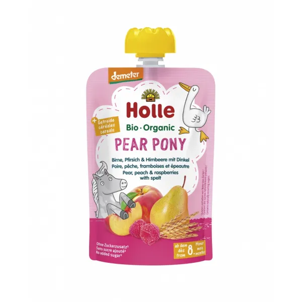 Holle Bio Organic Piure Pear Pony de pere, piersici, zmeura si griu spelt (8 luni+) 100g - image 1