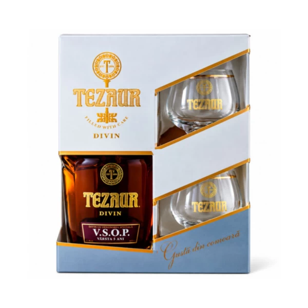 Tezaur Gold Дивин VSOP, 5 года, 500 мл, подарочный набор с 2 стакана - image 1