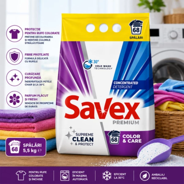 Стиральный порошок со свежим ароматом Savex Premium Color 5,5 кг 68 стирок - image 2