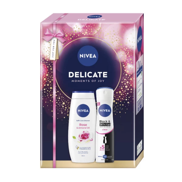 Набор Nivea: Гель-спрей NIVEA Rose & Almond Oil 250 мл + Дезодорант-спрей Invisible Black & White Cl - image 1