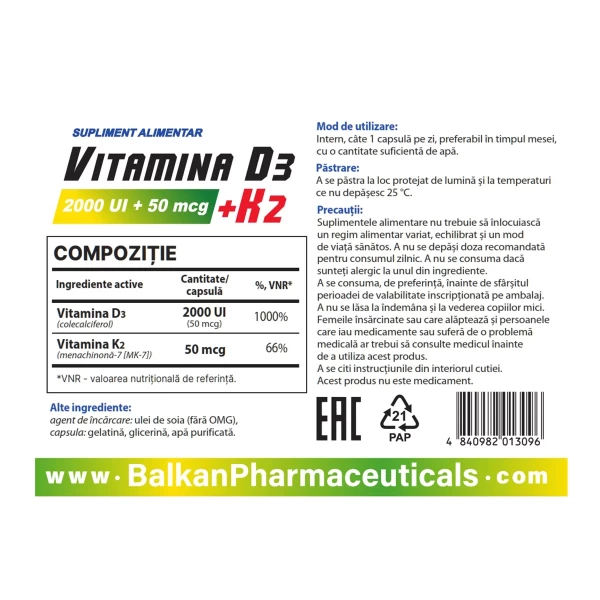 BP Vitamine Vitamin D3 + K2 2000UI + 50mcg, 30cap - image 2