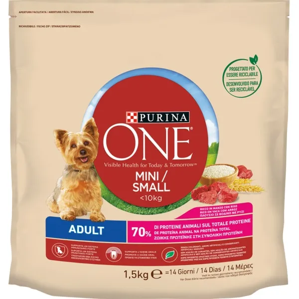 Purina One Mini Dog Adult hrana uscata pentru caini (vita,orez) 1,5kg - image 1