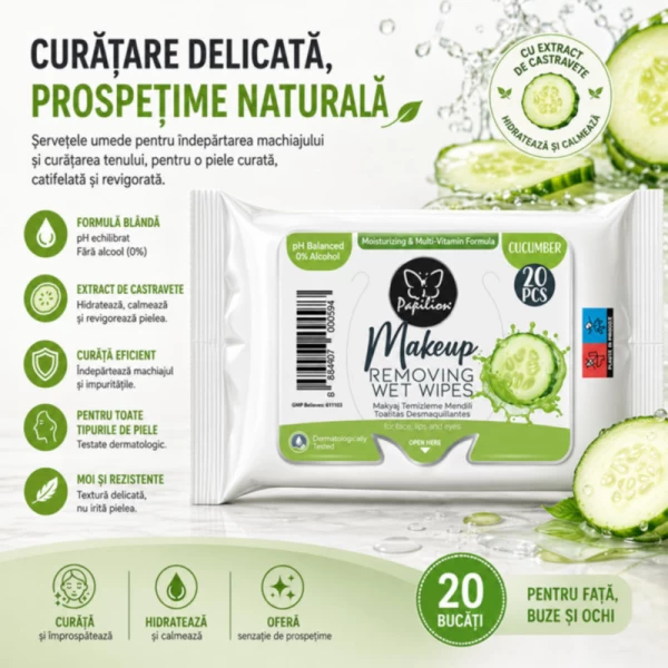 Влажные косметические салфетки с огурцом Papilion 20 шт - image 2