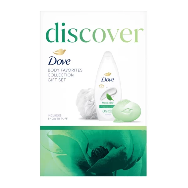 Подарочный набор 2025 Dove гель для душа Fresh Care, 250мл + мыло-крем Dove Освежающее, 90г + пуховк - image 1