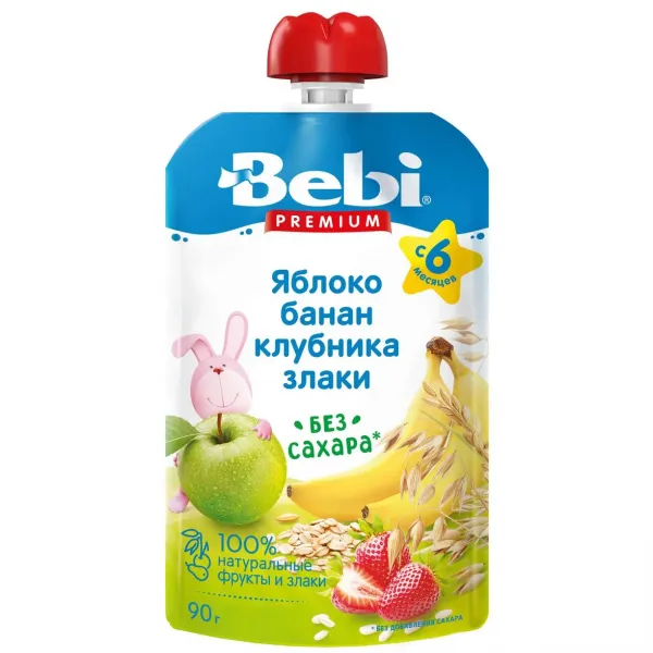 Пюре Bebi Premium яблоко-банан-клубника-злаки 90г с 6 месяцев - image 1