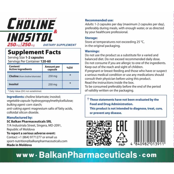 BP Vitamine Choline & Inositol 250mg 120cap - image 3