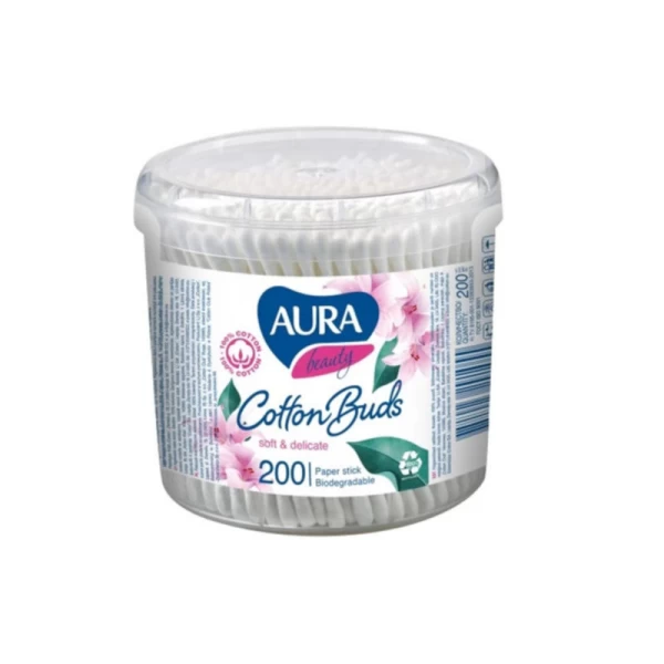 Ватные палочки с круглым наконечником биоразлагаемые Aura 200 шт - image 1