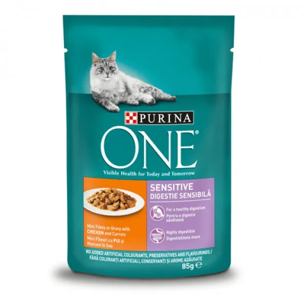 Purina One Sensitive Hrana umeda pentru pisici Mini Fileuri In Sos, Pui si Morcov, 85g - image 1