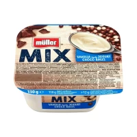 Muller Mix iaurt cu aroma de vanilie cu bile de cereale si ciocolata alba 130 g