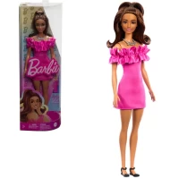 Кукла Barbie Модница с каштановыми волнистыми волосами и розовым платье, HRH15
